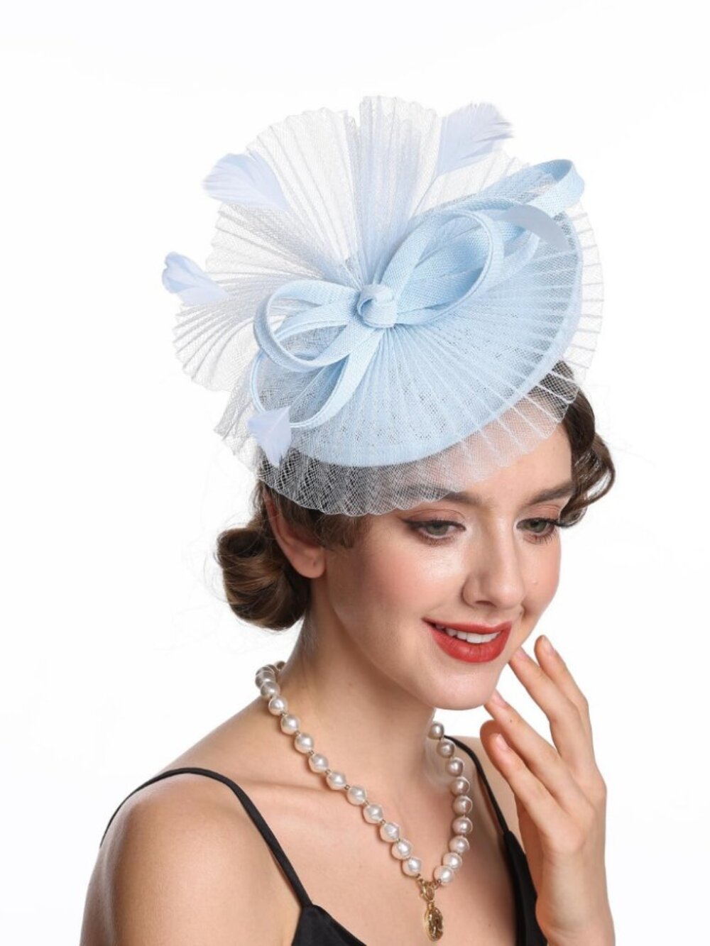 Women Fascinator Hair Clip Feather Flower Wedding Party Hat St24-Light Blu